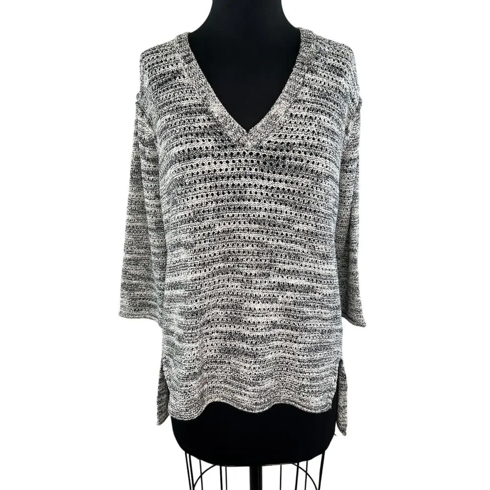 Michael Stars 3/4 Sleeve V-Neck Hi-Low Cotton Knit Sweater Gray White XS S